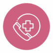 Icon of a white cross and a telephone handset on a maroon circle background, symbolizing medical communication or emergency services.