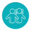 Two simple outlined figures stand side by side in a teal circle. The figure on the right has ponytails.