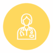 An icon of a medical professional with short hair wearing a stethoscope and lab coat, depicted in white on a yellow circular background.