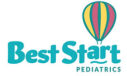 Logo for Best Start Pediatrics featuring a colorful hot air balloon with red, yellow, and green vertical stripes next to the name in teal letters.