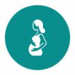 Silhouette of a pregnant woman gently cradling her belly, set against a teal circular background.
