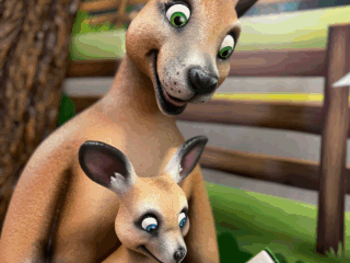 A cartoon kangaroo and its joey are sitting together in front of a tree and a fence. The joey is holding a book titled Cams Best Adventures with a globe on the cover. Both have happy expressions as they read.