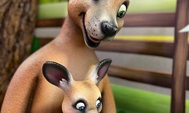 A cartoon kangaroo and joey sit together. The kangaroo is holding a book titled Cams Best Adventures. They are in front of a tree and a wooden fence, with a butterfly flying nearby. The setting is bright and colorful.