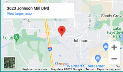 Map showing a location marked by a red pin at 3623 Johnson Mill Blvd in Johnson, near Highway 49. Nearby are landmarks including a Walmart Supercenter, Johnson Road, and Lake Fayetteville Park.