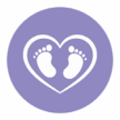 A purple circle features two white baby footprints enclosed in a white heart outline.